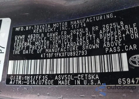 2015 Toyota Camry Se from USA, damaged, VIN 4T1BF1FKXFU892793
